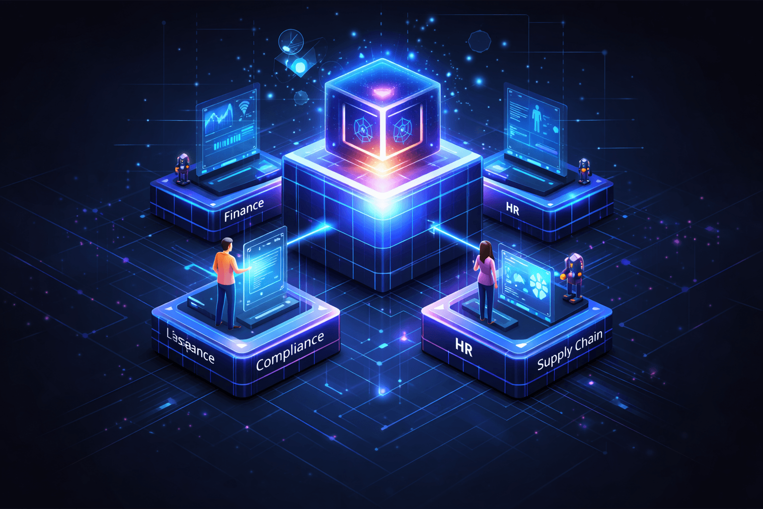 Stratiq AI Pods — Finance, Compliance, HR, and Supply Chain modules connected to a central AI hub